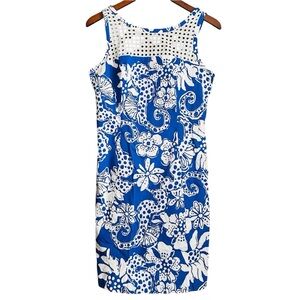 💙 Lilly Pulitzer Marianne Shift Dress Blue Seahorse Print w/ Grid Eyelet Size 4
